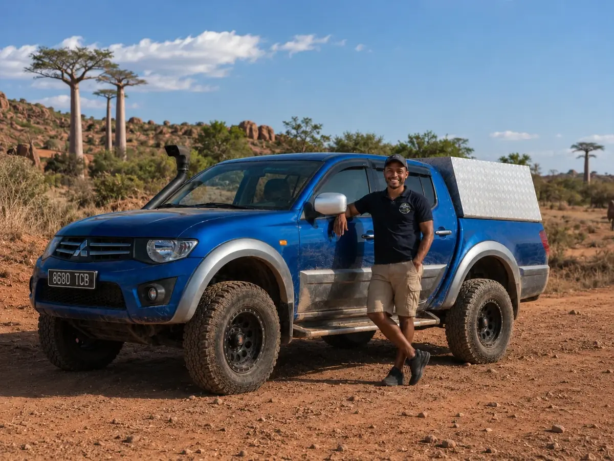 Mada Car Drive driver-guide in front of the blue Mitsubishi L200 near baobabs in Madagascar