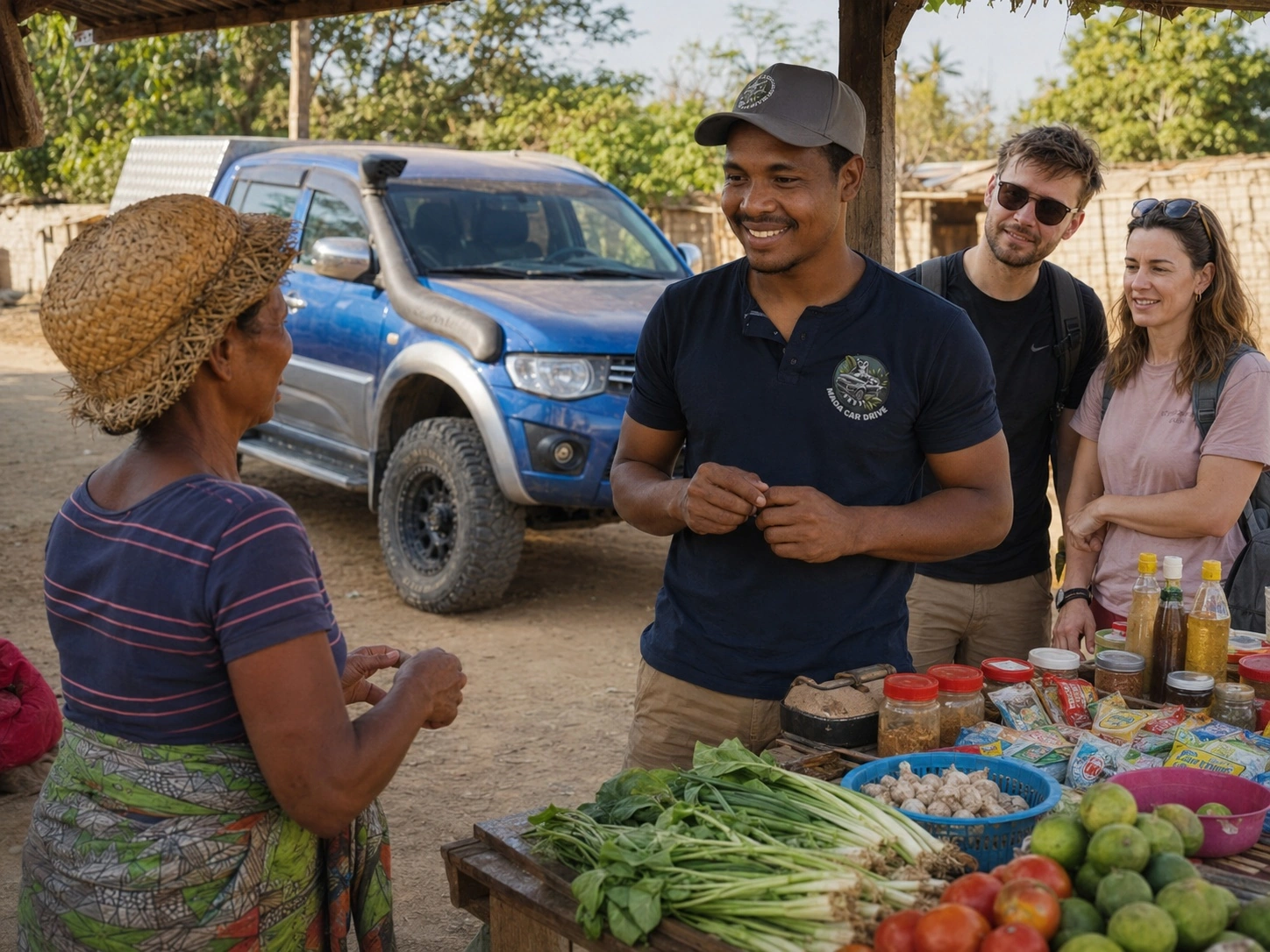 Mada Car Drive driver-guide talking at a market in Madagascar