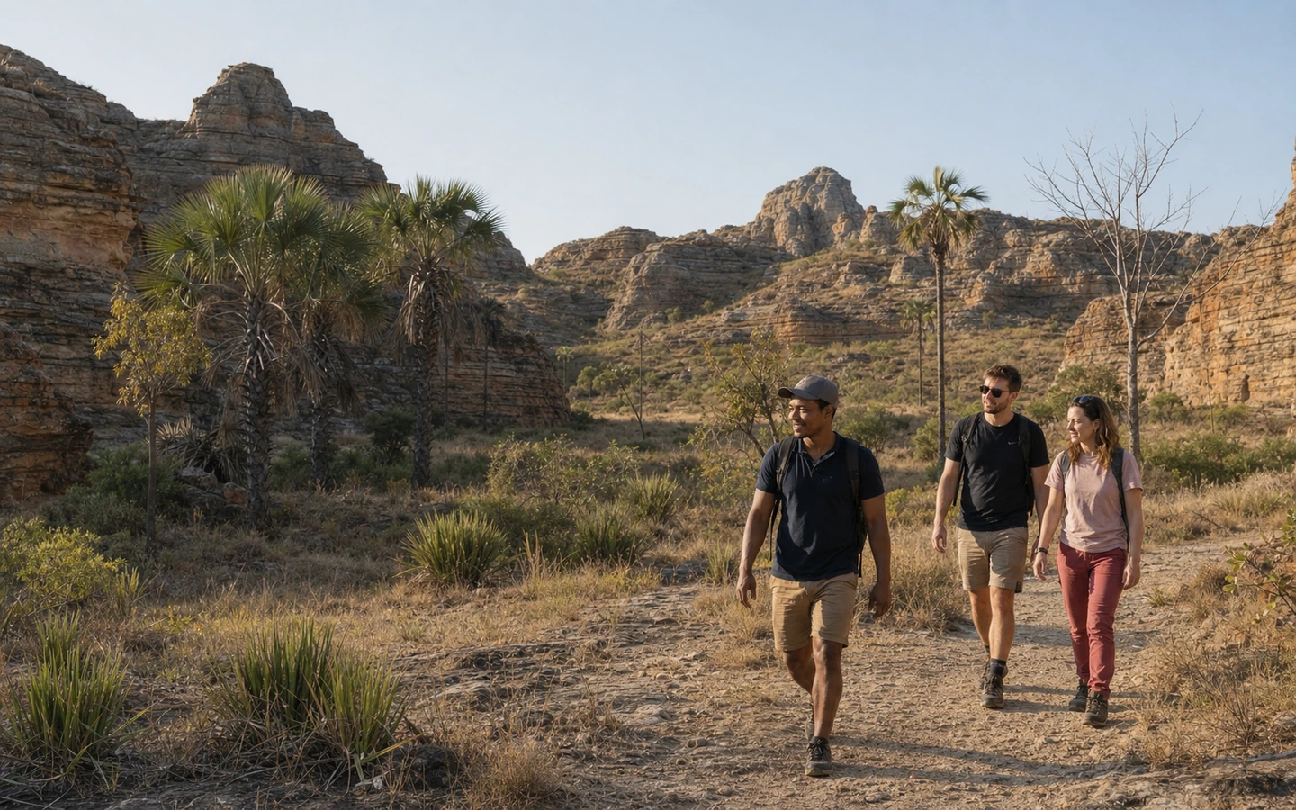 Travellers with their driver-guide on a trail in Isalo National Park