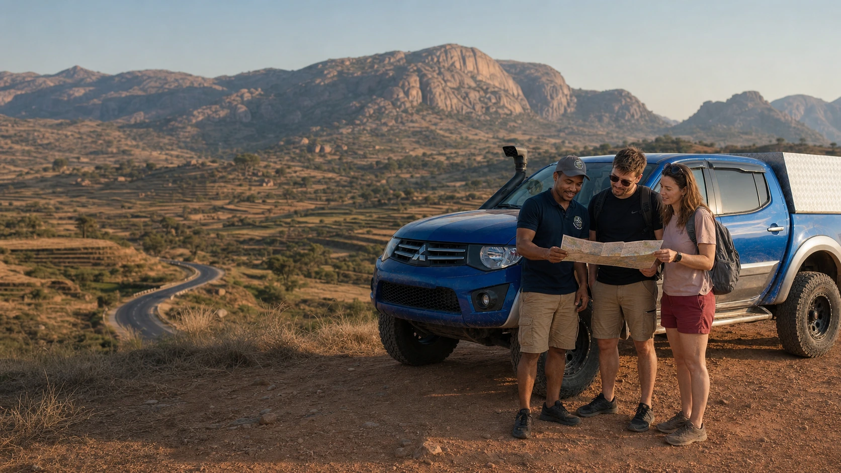 Driver-guide and travellers plan their Madagascar route beside a Mitsubishi L200