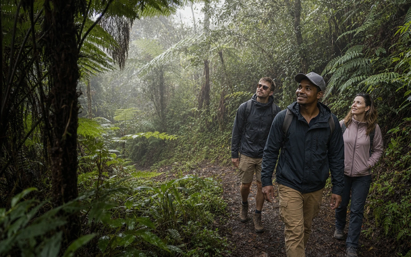 Travellers and their driver-guide on a wet rainforest trail in Andasibe