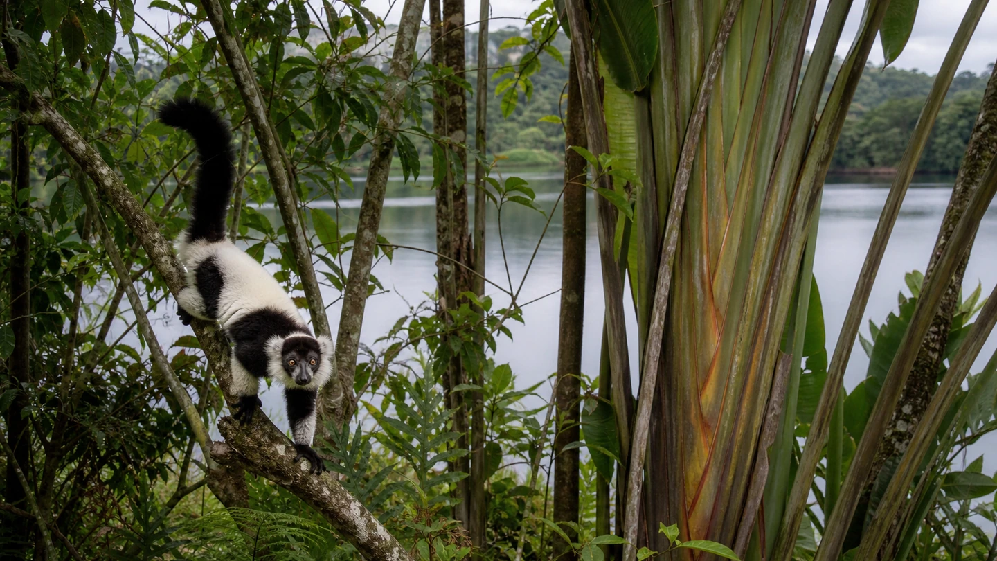 Lemurs in the green lakeside vegetation at Akanin’ny Nofy