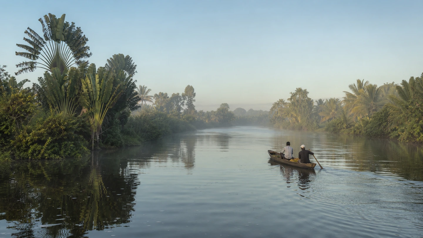 Motorboat between traveller’s palms on the Pangalanes Canal