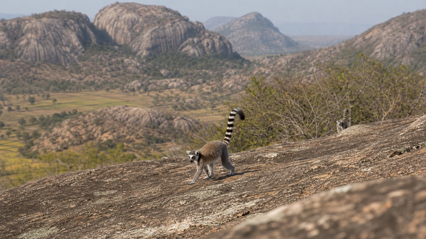 Ring-tailed lemurs on granite boulders in Anja Community Reserve