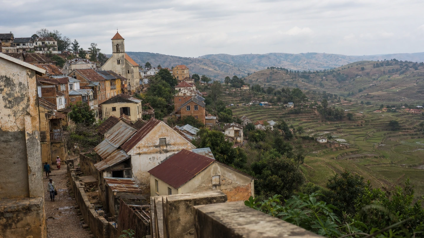 Historic upper town of Fianarantsoa above terraced rice fields