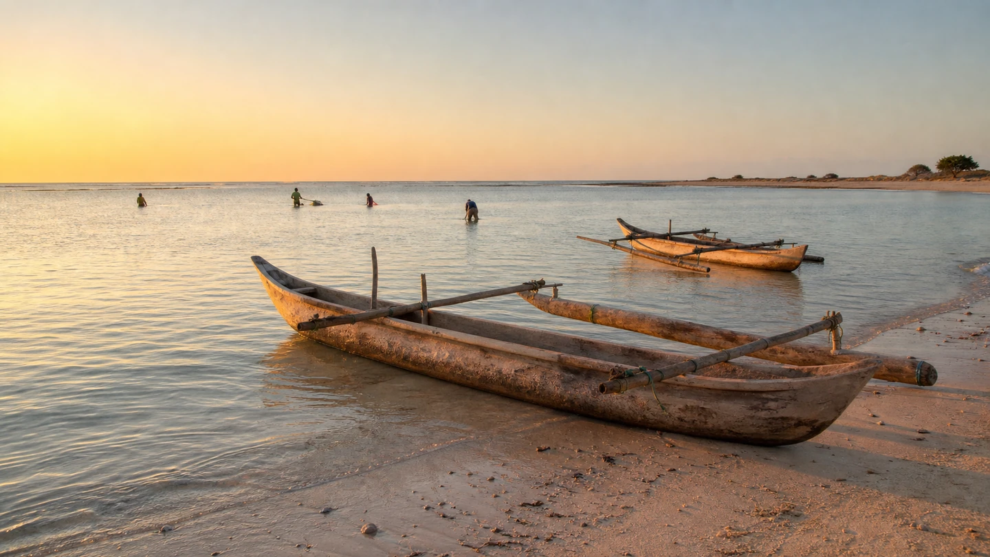 Vezo pirogues in the shallow water near Ifaty at sunset