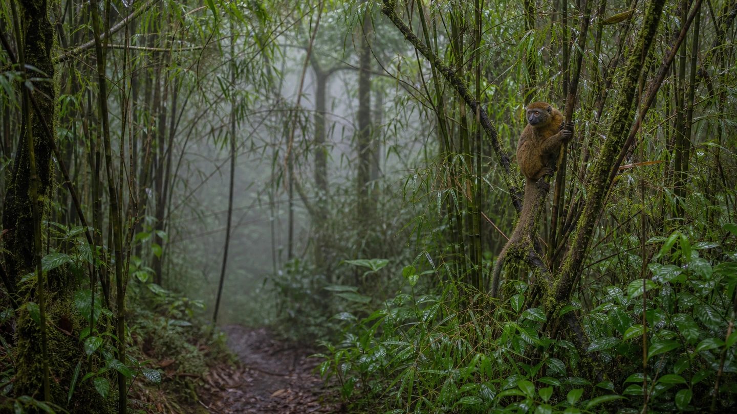 Golden bamboo lemur in the humid rainforest of Ranomafana National Park