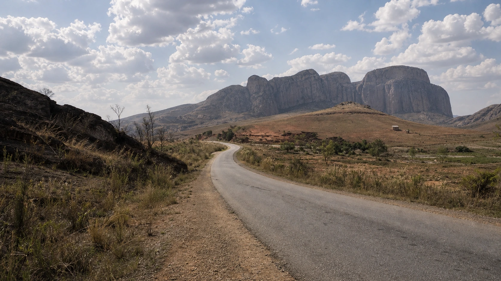 Winding RN7 through the dry mountain landscape of southern Madagascar