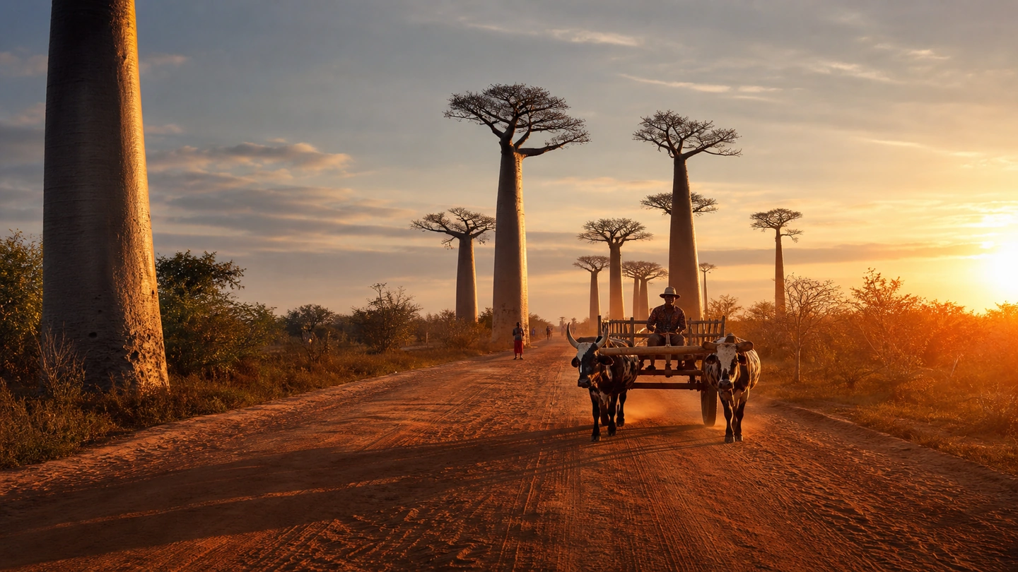 Avenue of the Baobabs near Morondava in warm evening light