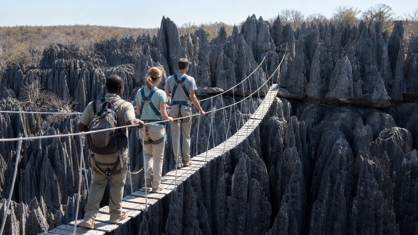 Limestone pinnacles and suspension bridge in Tsingy de Bemaraha