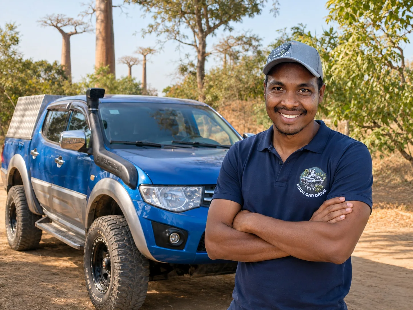 Mada Car Drive driver-guide in front of the blue Mitsubishi L200 in Madagascar