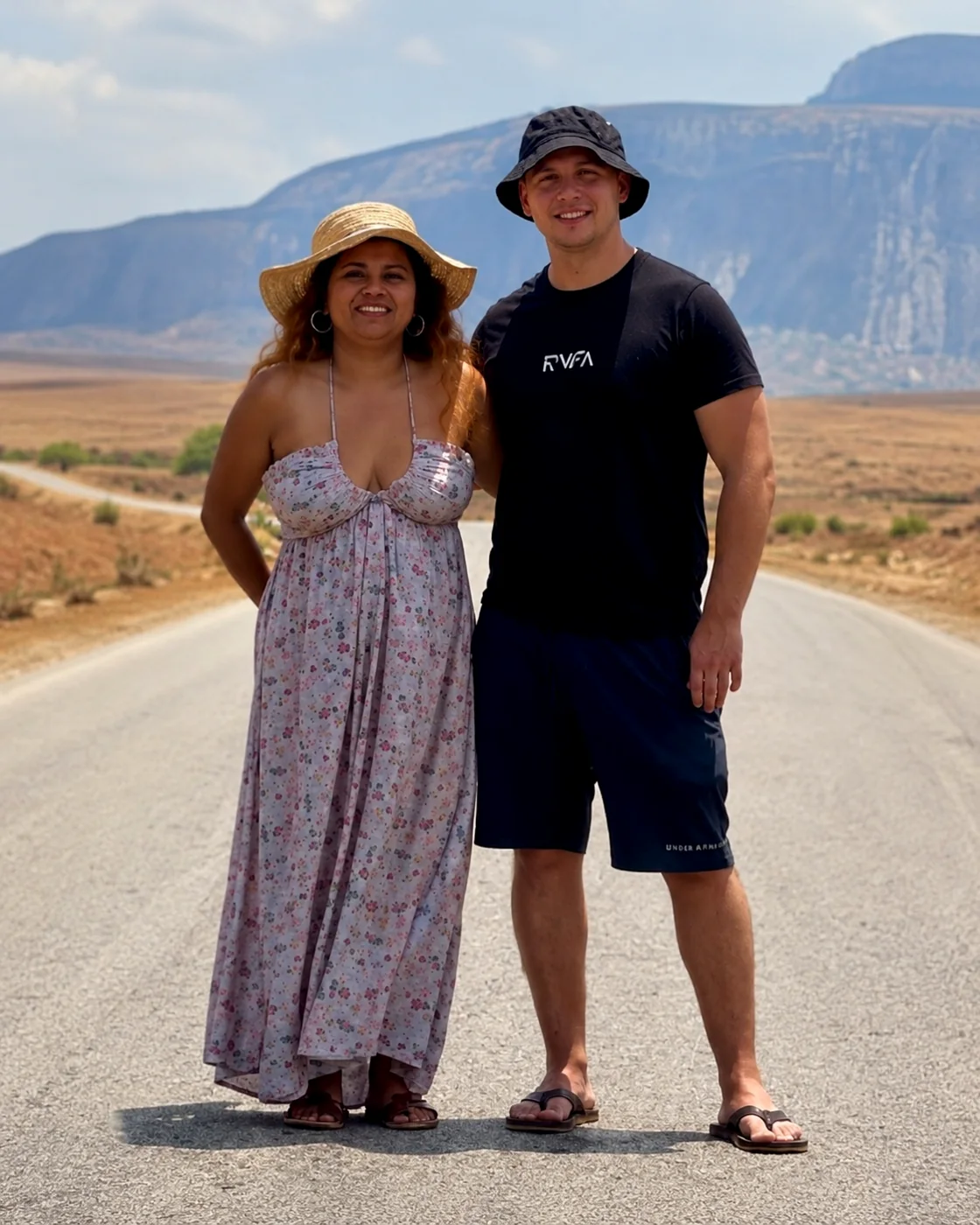 Toky and Kevin on a road in Madagascar — founders of Mada Car Drive